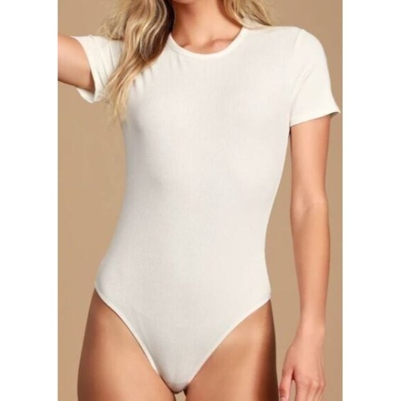 Lulus Tops - Lulus Kinship Ivory Ribbed Bodysuit Crew Neck Short Sleeve M
